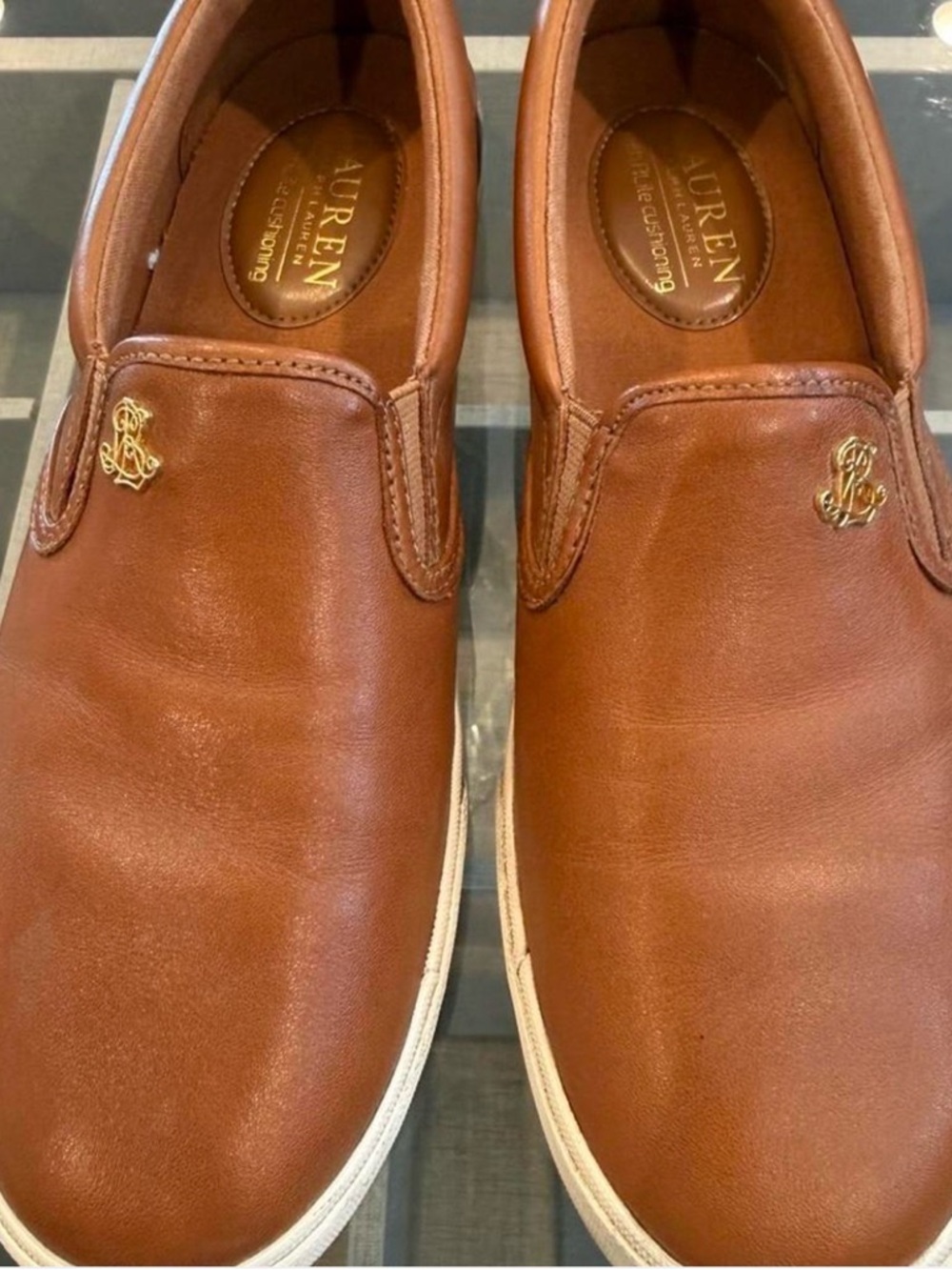 Lauren Ralph Lauren Cognac Brown Leather Slip-On Sneakers with Gold Logo